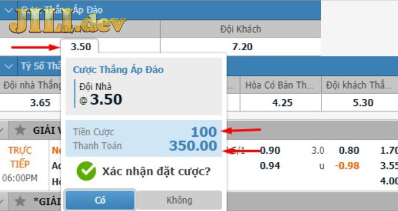 Bảng thông tin kèo cược thắng áp đảo